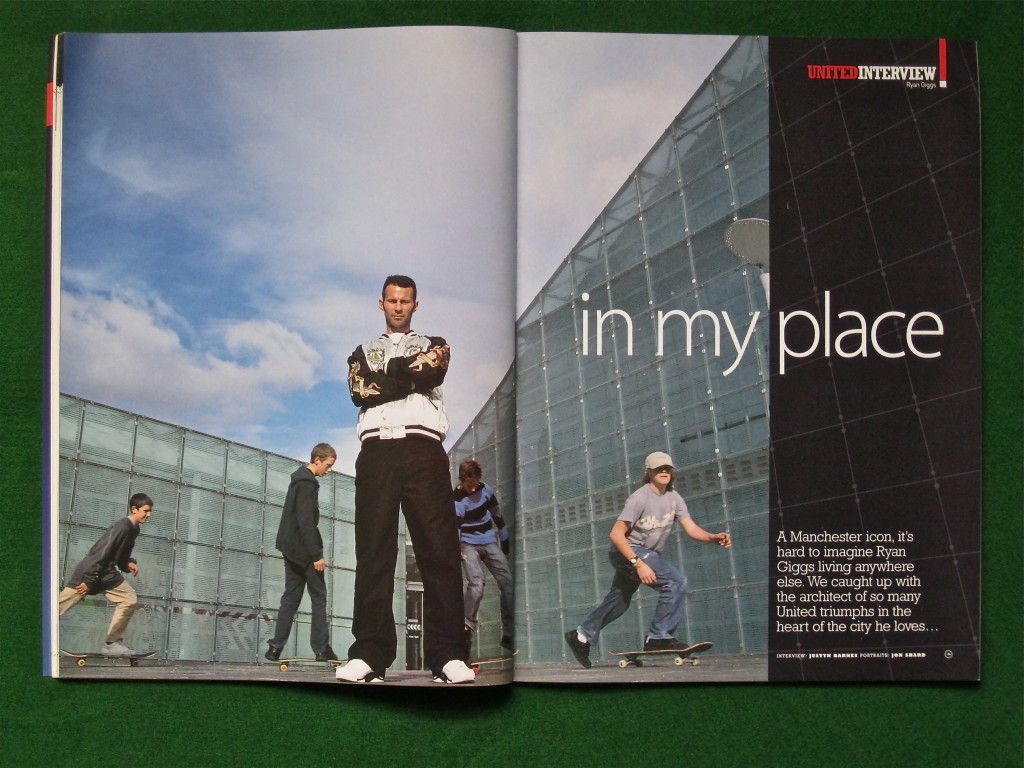 The opening spread of one interview I did with Giggs. the picture was taken by the Urbis building close to his central Manchester home at the time. The skateboarding kids were bunking off school...